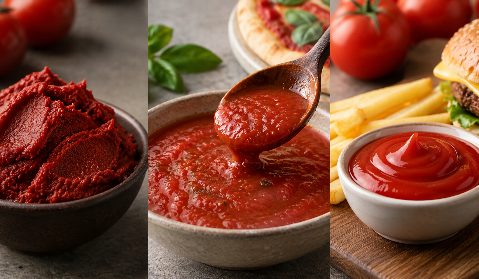 Hva er kjerneforskjellene mellom tomatpuré, tomatsaus og ketchup?